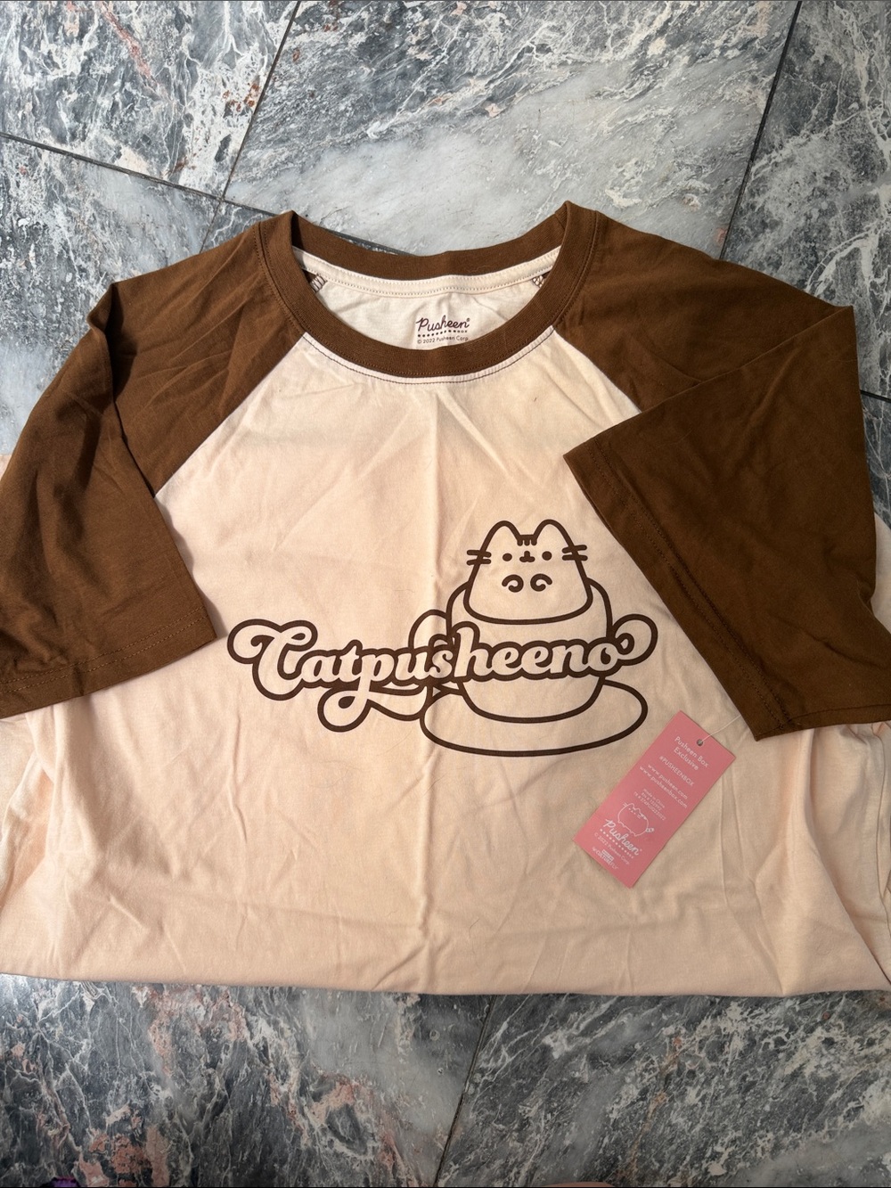 Pusheen Cream and Brown Raglan Tee with Catpusheen Graphic